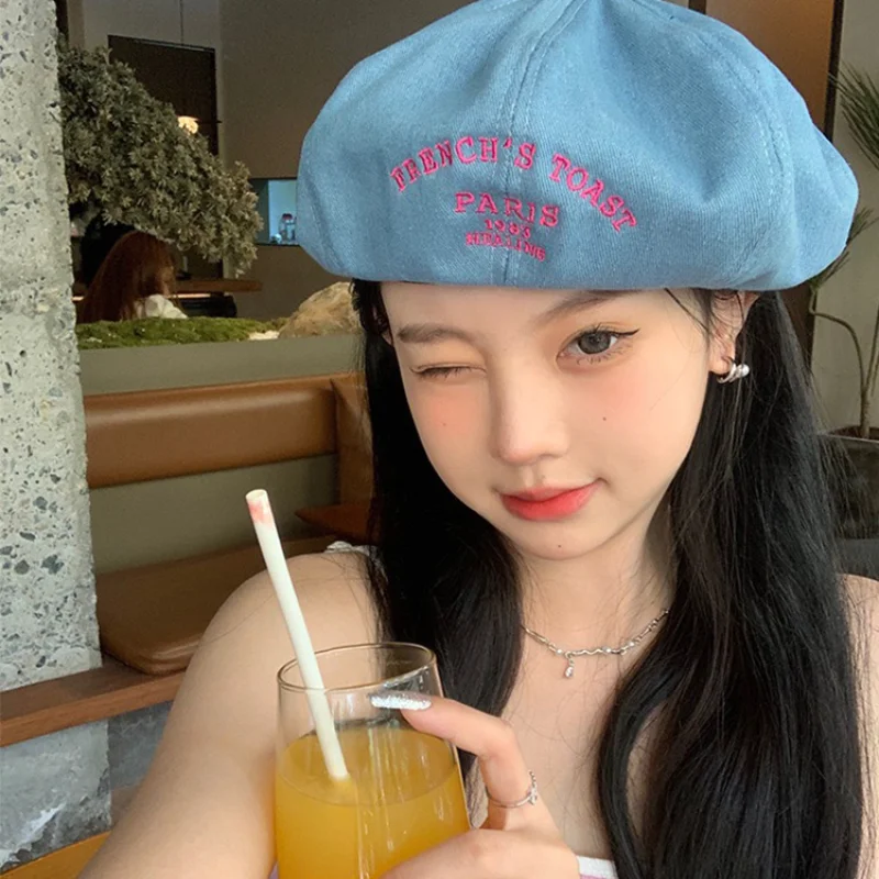 

Японский розовый берет с надписью Hottie, джинсовый берет, шляпы для женщин на весну и лето, симпатичная винтажная Кепка художника в стиле интернет-знаменитостей для девушек