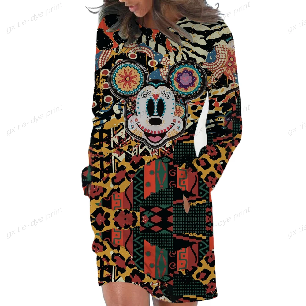 

Women Disney Minnie Mickey Print Hoodies Dress Casual Long Sleeve Oversized Bohemian printed hoodie Pocket Sweatshirts Dress