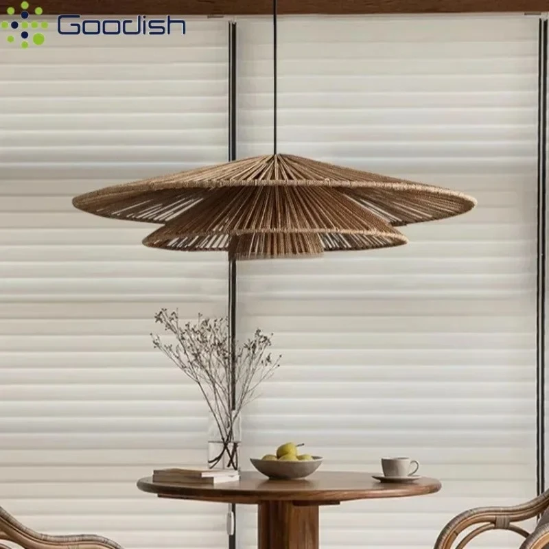 Фото Винтажные бамбуковые деревянные люстры-шляпки с LED-подсветкой, креативные светильники для спальни и домашнего декора №4