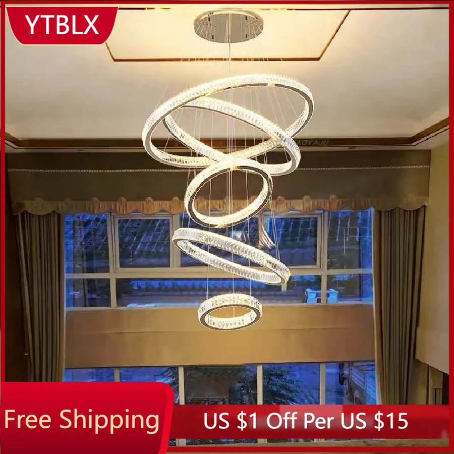 

Modern Long Duplex Staircase Rings Crystal Chandeliers Gold Design Cristal Lustre Villa Lobby Luxury Ceiling Chandelier Lighting