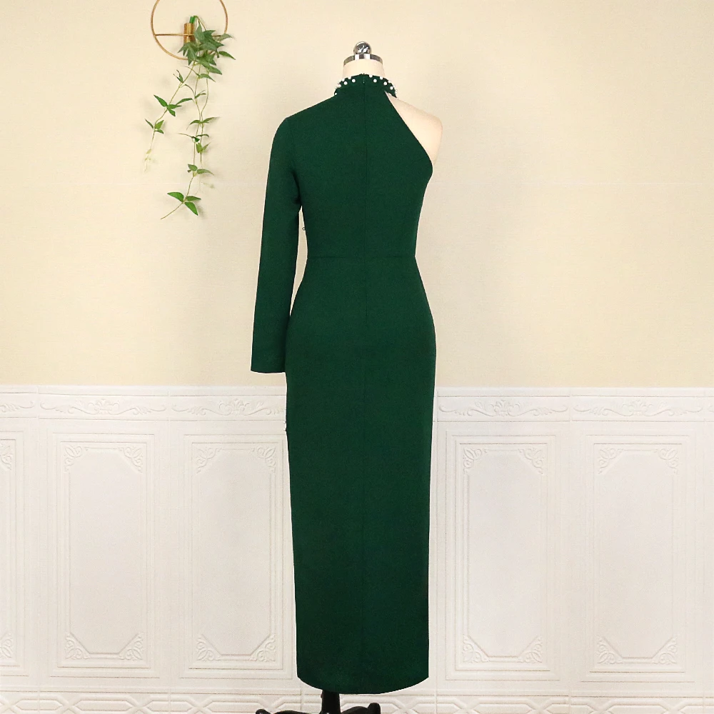 Plus Size Dress Elegant Long Women Sexy One Shoulder Irregular Sleeve Green Beading Bodycon Slit Evening Party Event Outfits