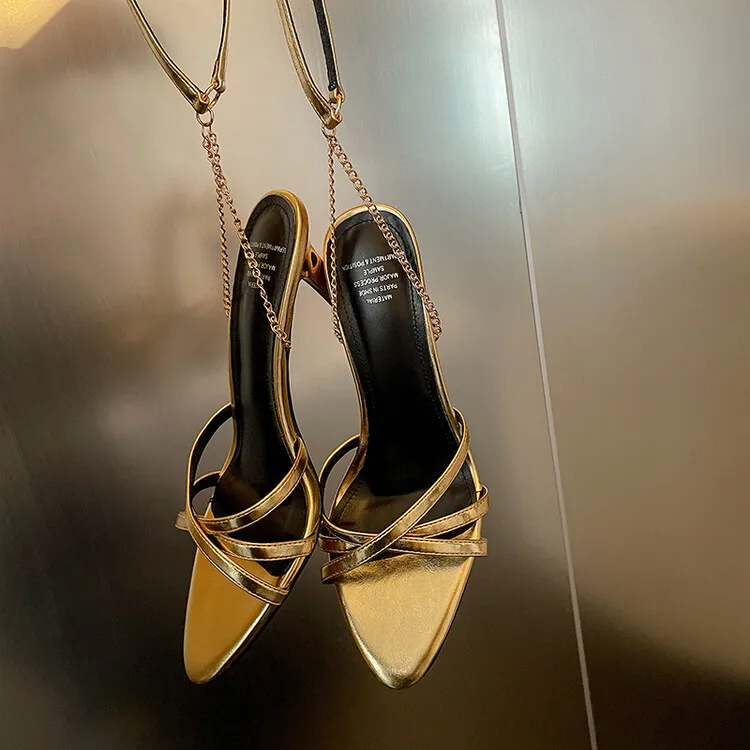 

New2023 Gold Leather Women Sandals Chic Cross Narrow Strap Dress Pumps Chains High Heels Silver Sandalias Mujer Chaussure Femmes