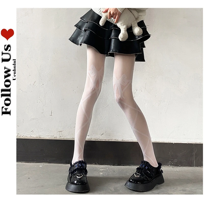 

Japanese Lolita Stockings Female Cross Straps Big Butterfly Sheer Pantyhose Party Club Cosplay JK White Sexy Tights Women Medias