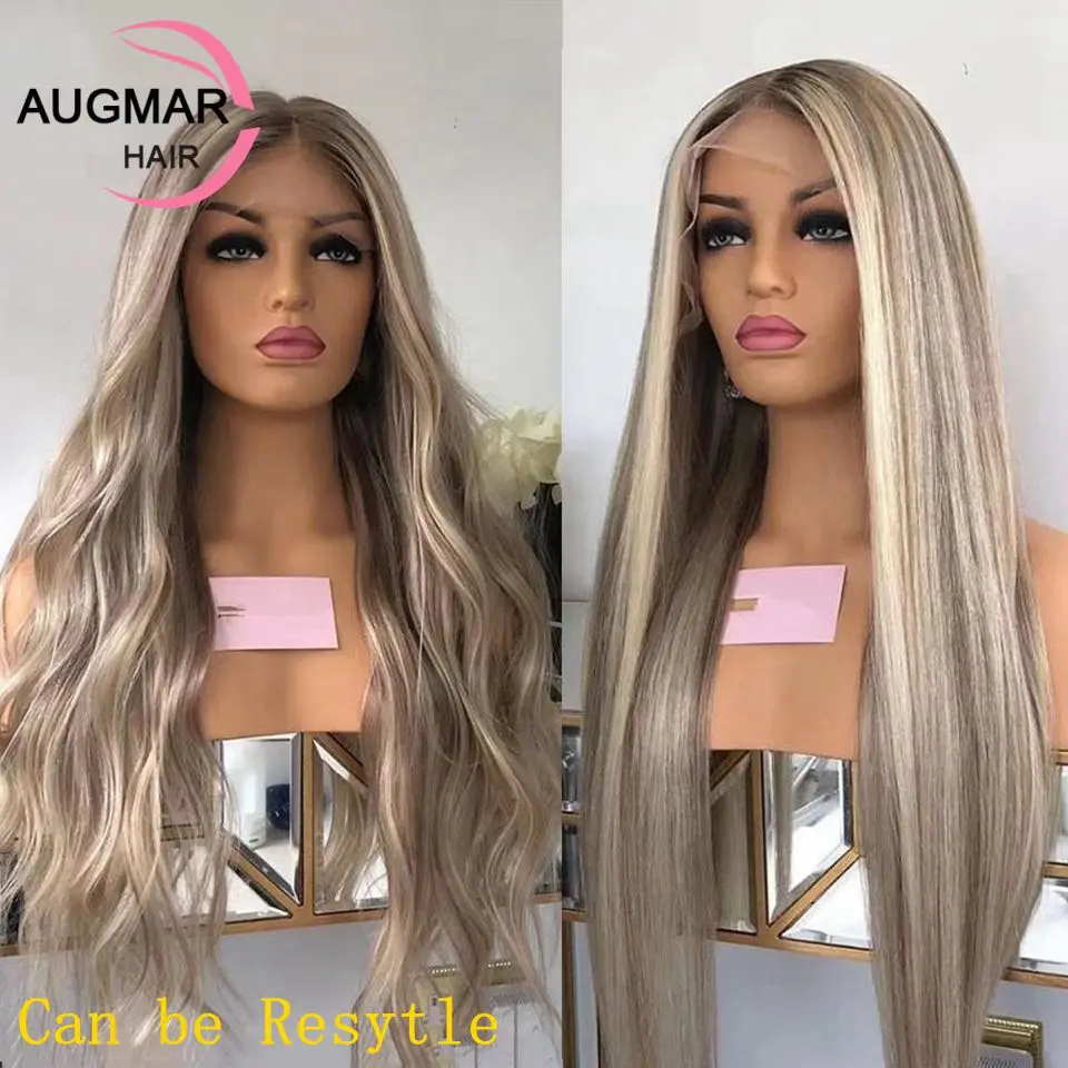 Фото Парик из натуральных волос 13x4 Ash Blonde, 30 дюймов, прямой парик с прозрачной коричневой мелировкой 13x6, парик с кружевной передней частью из натуральных волос №5