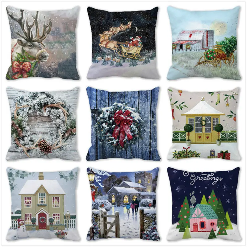 

2023 Christmas Elk Collection Cushion Cover Snow Scene Xmas Santa Claus Elk Christmas Decorations for Home Gift Natale Navidad