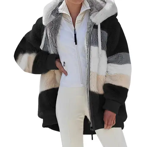 Женское зимнее пальто, теплый лоскутный кардиган на молнии с карманами и капюшоном из искусственного меха, кардиган с длинными рукавами, пушистая тонкая флисовая куртка для женщин