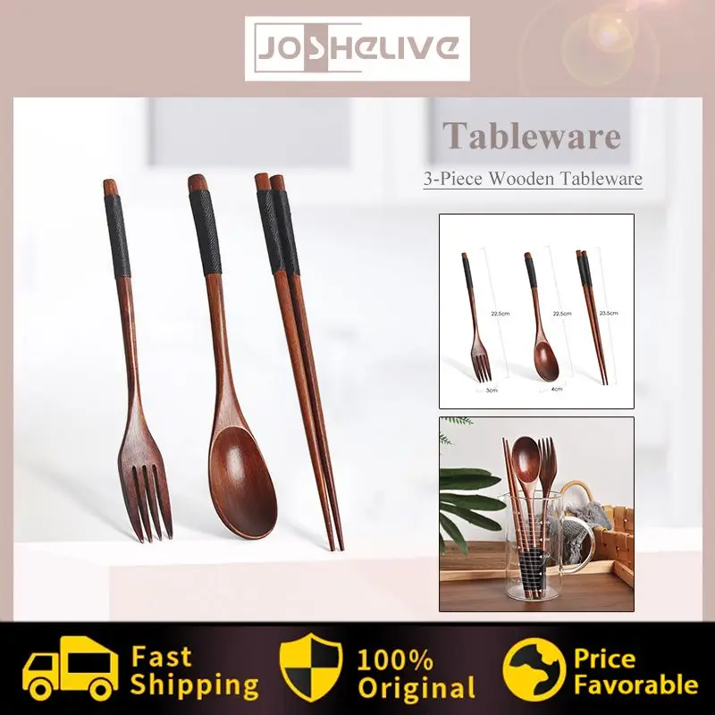 

Korean wooden tableware fork spoon chopsticks 3-piece set solid wood long handle spoon chopsticks portable tableware