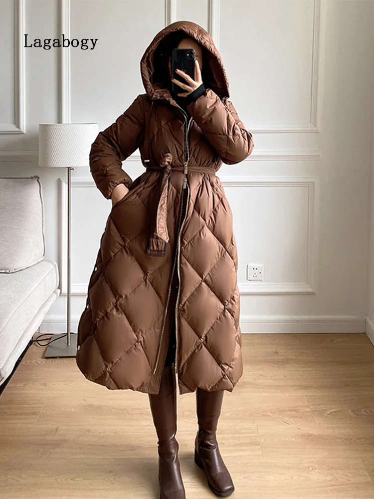 

Lagabogy 2022 Top Quality New Winter Warm Puffer Jacket Women 90%White Duck Down Coat Female Hooded Long Thick Outwear With Belt