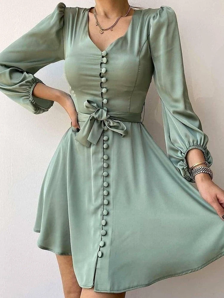 

Casual O Neck Waist Tie Solid Dress Lady 2022 Spring New Fashion Party Dresses Women Elegant Temperament Puff Sleeve Midi Dress