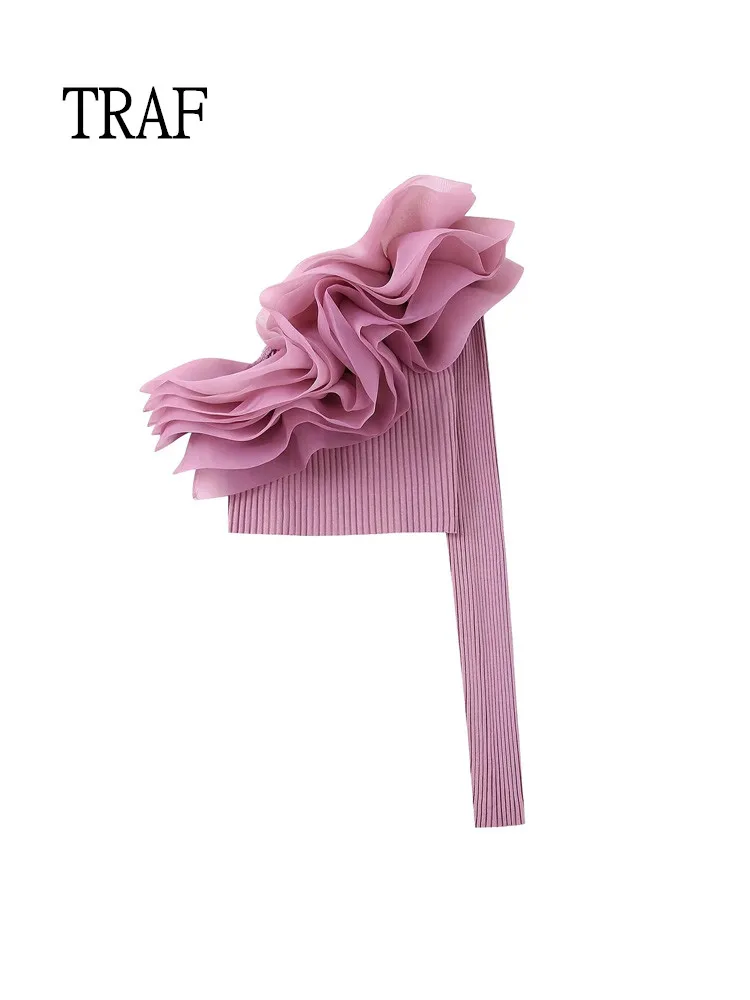 

Сексуальный вязаный женский топ TRAF 2022, укороченные топы, модный топ из органзы на одно плечо с длинными рукавами, винтажный корсет, укорочен...