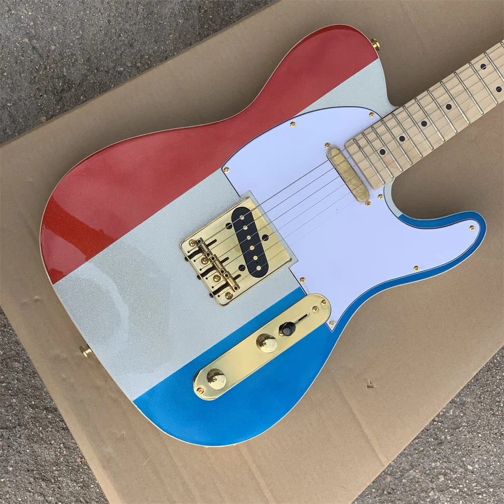 

In Stock Red/Blue/Silver electric guitar with gold hardware,Maple fretboard,Gold pickguard,Can be customized as request