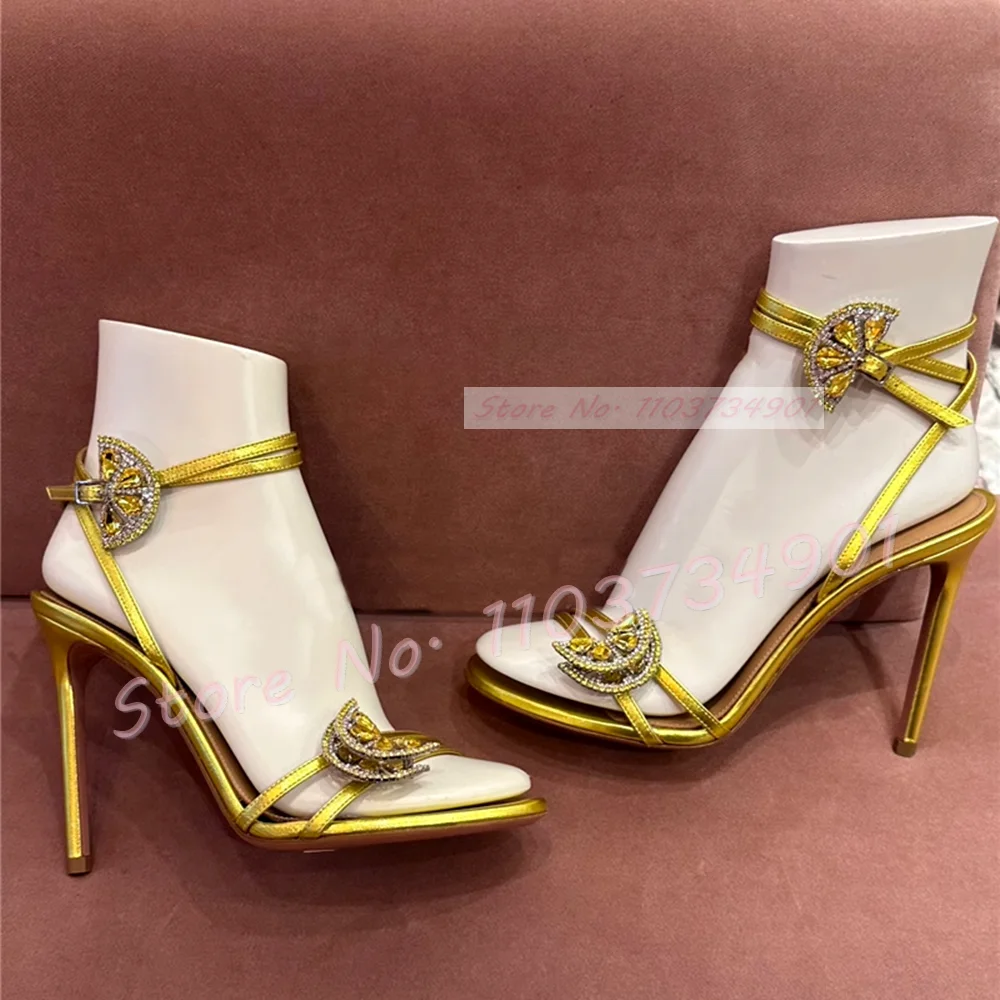 Золотые сандалии с лимонным перекрестным ремешком женские роскошные туфли из