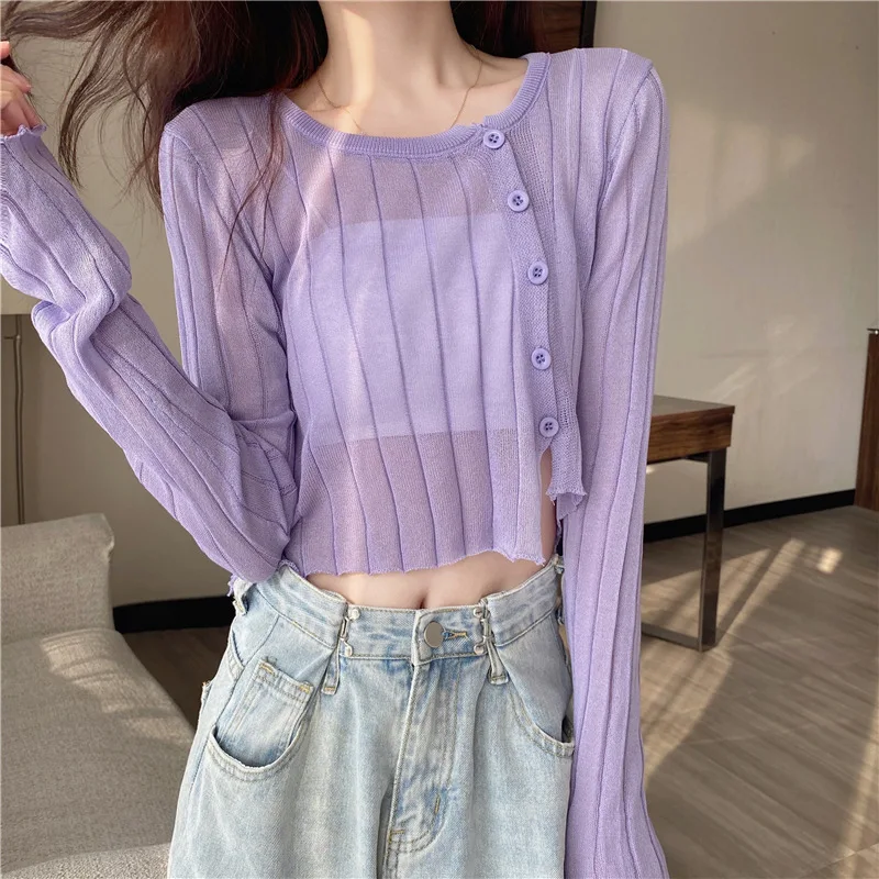 

Fashion Short Knitted Cardigan Summer Slim Thin Round Collaar Long Sleeve Women's T-shirts sexy See-through Irregular Crop Tops
