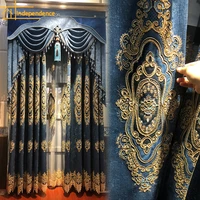 new luxury high end european curtains for living dining room bedroom custom hige blackout chenille embroidered blue gold edge