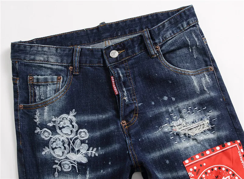 Classic new Dsquared2 tattered splash paint men's self-cultivation hole patch elastic D2 jeans skinny beggar pants 1055