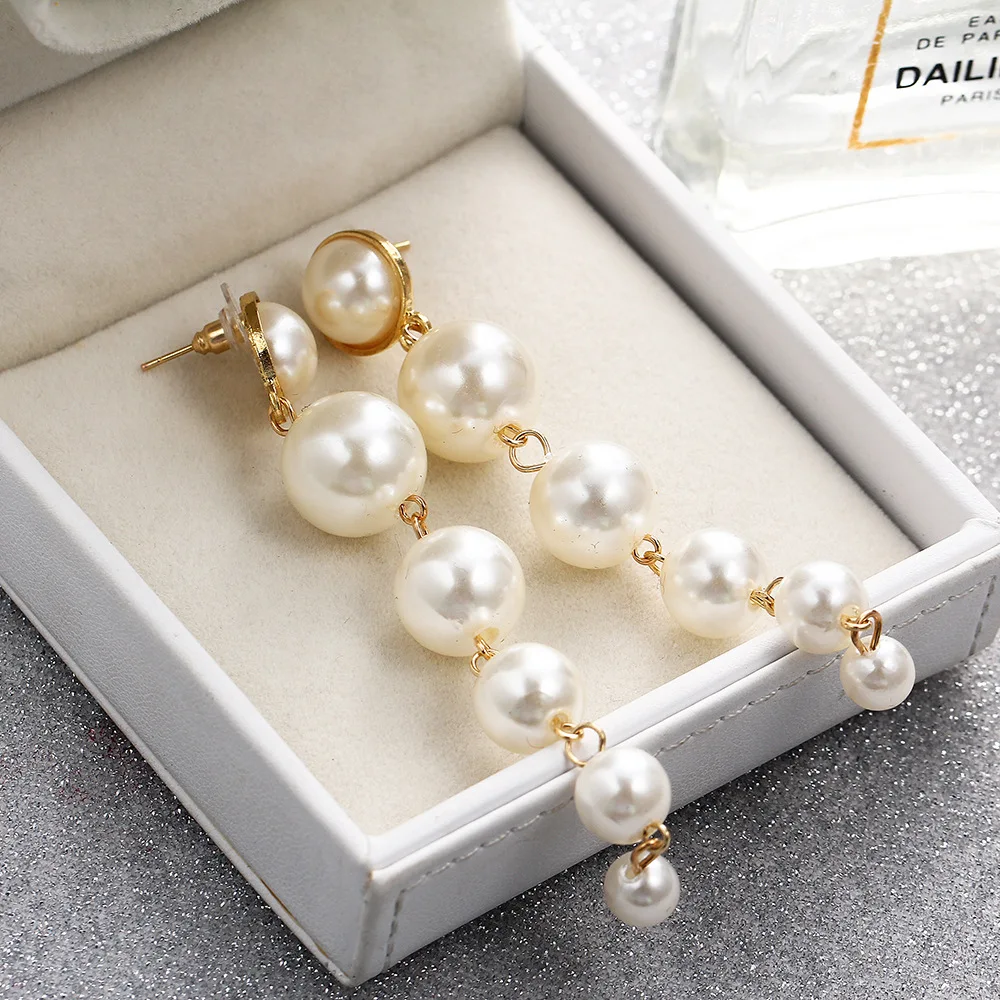 

Trendy Pearls String Statement Dangle Earrings for Women Elegant Created Big Simulated Pearl Long Earrings Wedding Party Gift