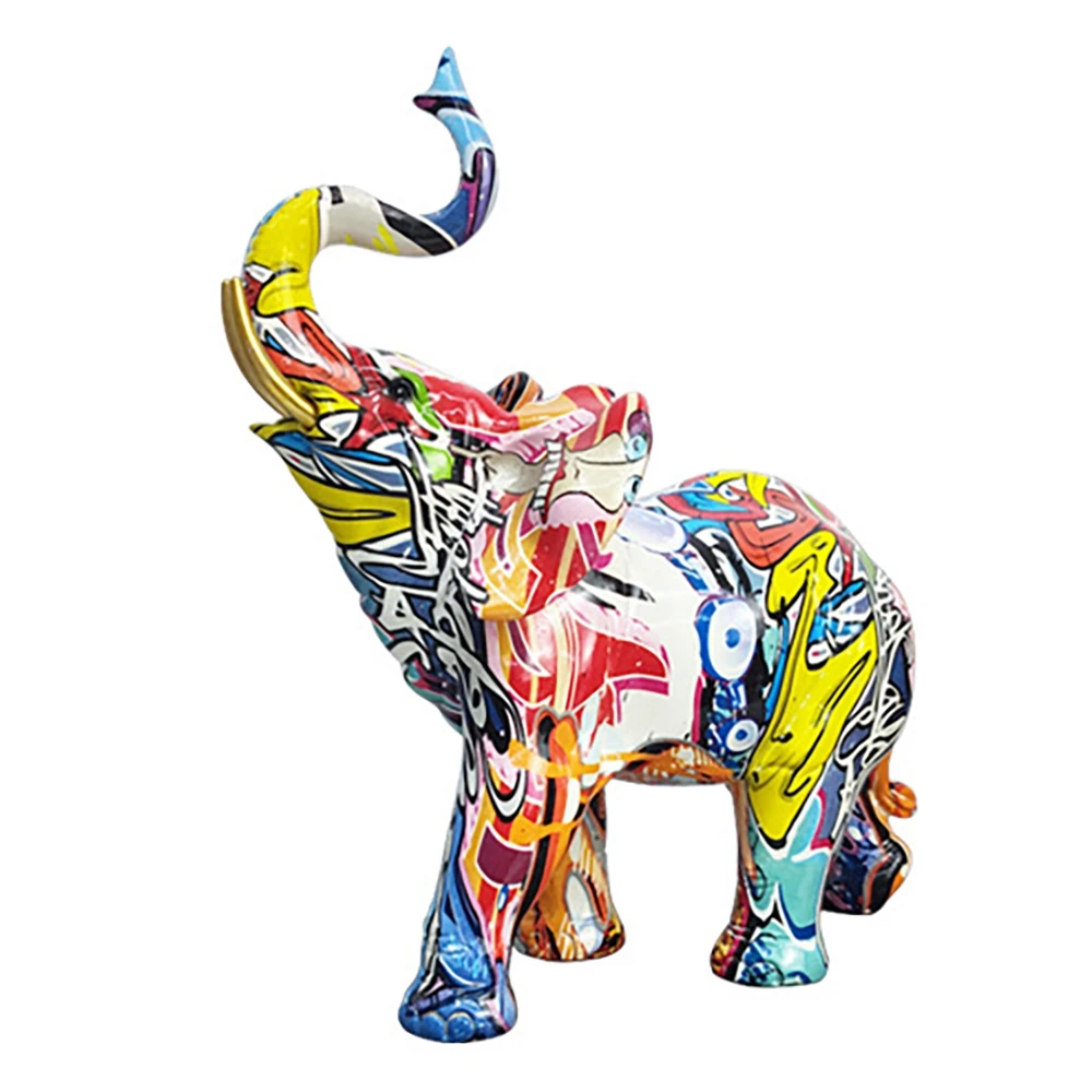 

Nordic Painting Graffiti Elephant Sculpture Figurine Colorful Art Elephant Statue Resin Animal Statue Decor A