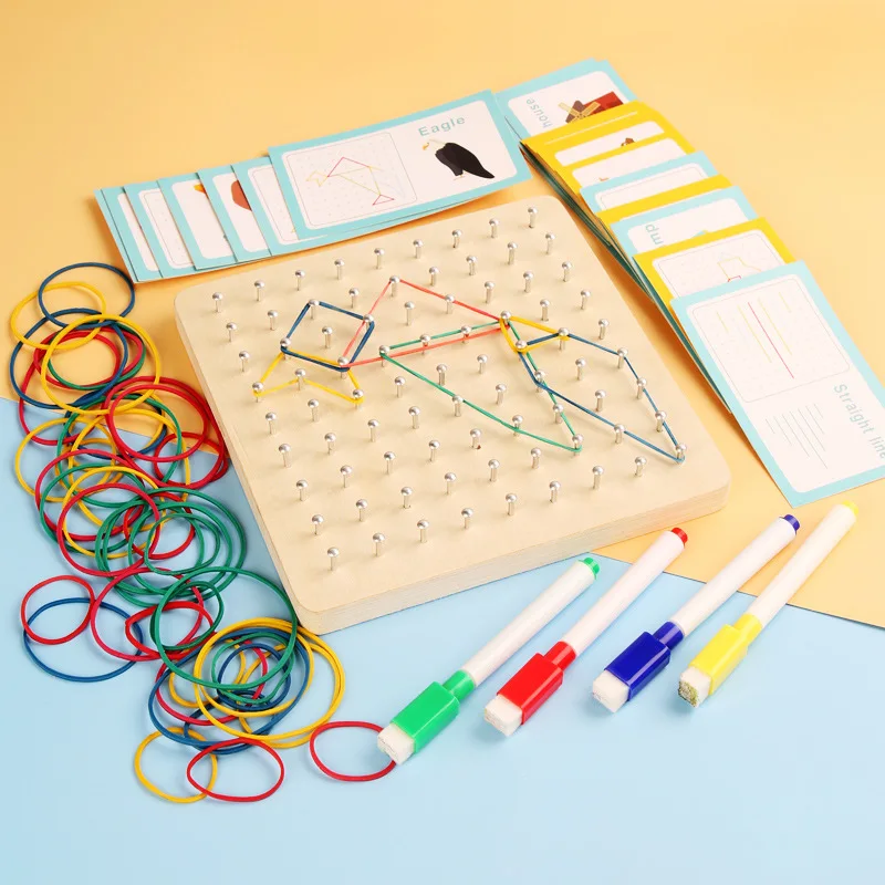 

Montessori Baby Creative Toy Graphics Rubber Tie Nail Boards with Cards Childhood Education Preschool Kids