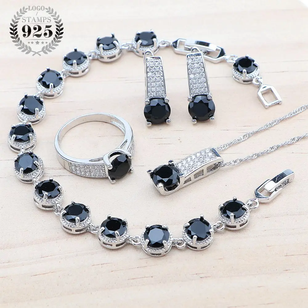 

Wedding 925 Silver Jewelry Sets Bridal Natrual Black Zircon Earrings For Women Bracelets Rings Pendant Necklace Set