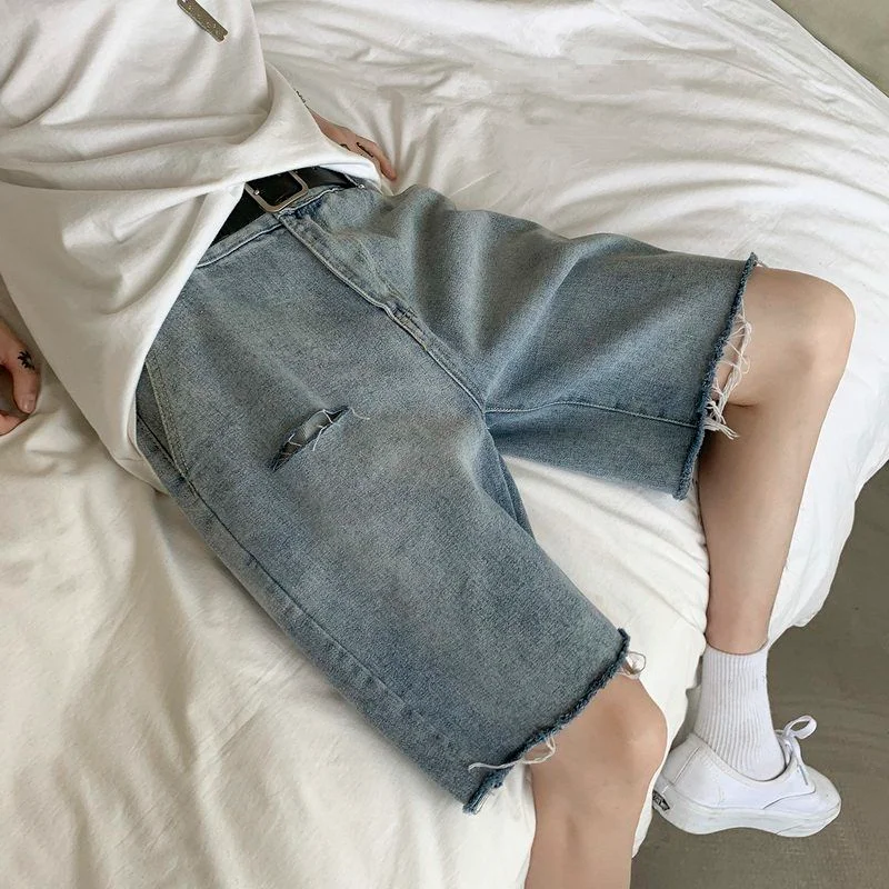 Denim Shorts Men's Loose Fashion Pierced Jeans Summer Thin Five Point Pants Handsome Straight Trousers Male Bottoms Plus Size