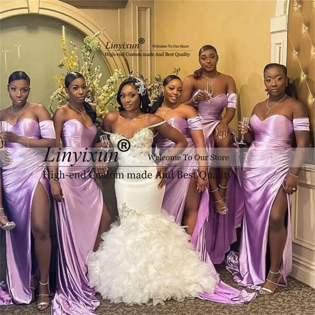 

Lilac Mermaid Bridesmaid Dresses Sweetheart Wedding Guest Party Gown One Shoulder Pleat High Side Slit Maid of Honor Dress