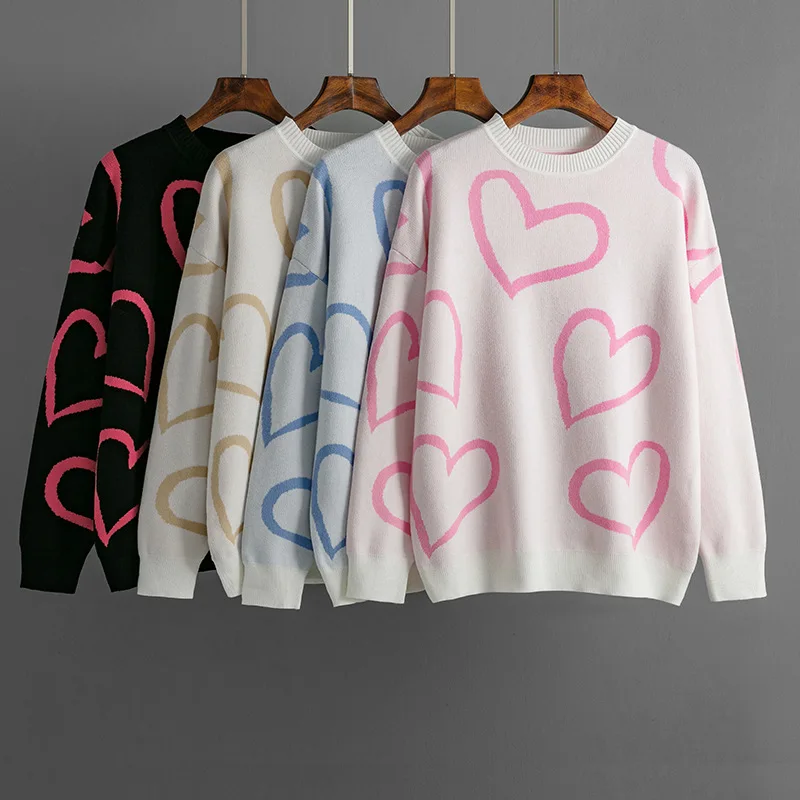 

2023 Autumn and Winter New European and American Fashion Round Neck Love Contrast Color Sweater Loose Pullover Sweater