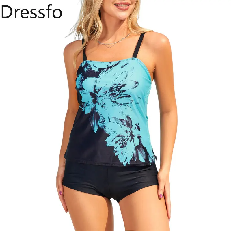 

Dressfo Flower Ink Painting Print Tankini Swimsuit Padded Adjustable Straps Tankini Two Piece Swimwear Boyleg Bathing Suit