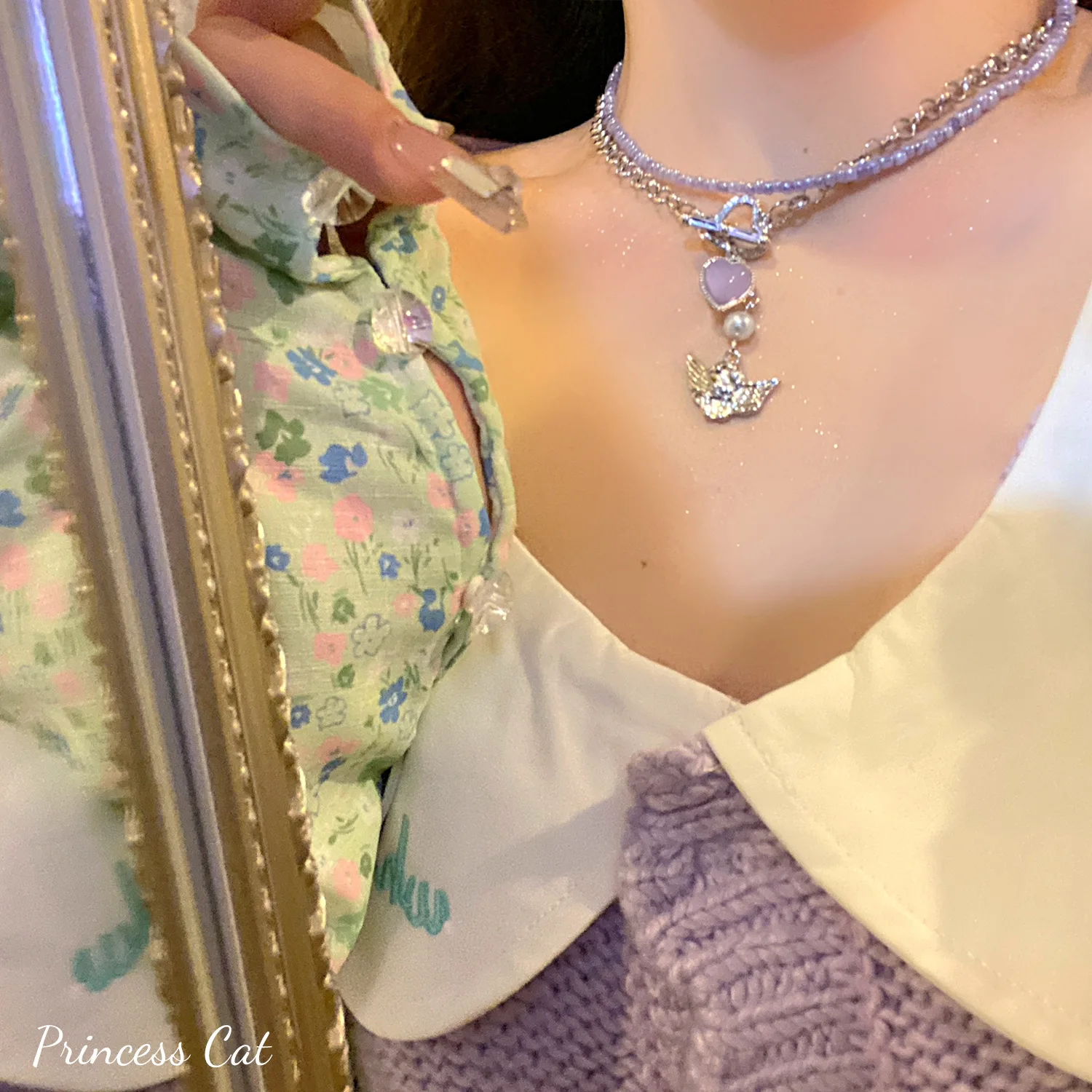 

Wholesale Korean Fashion Heart Angel Pendant Necklace For Women Girks Trendy Purple Beads Choker Set Jewelry Gifts