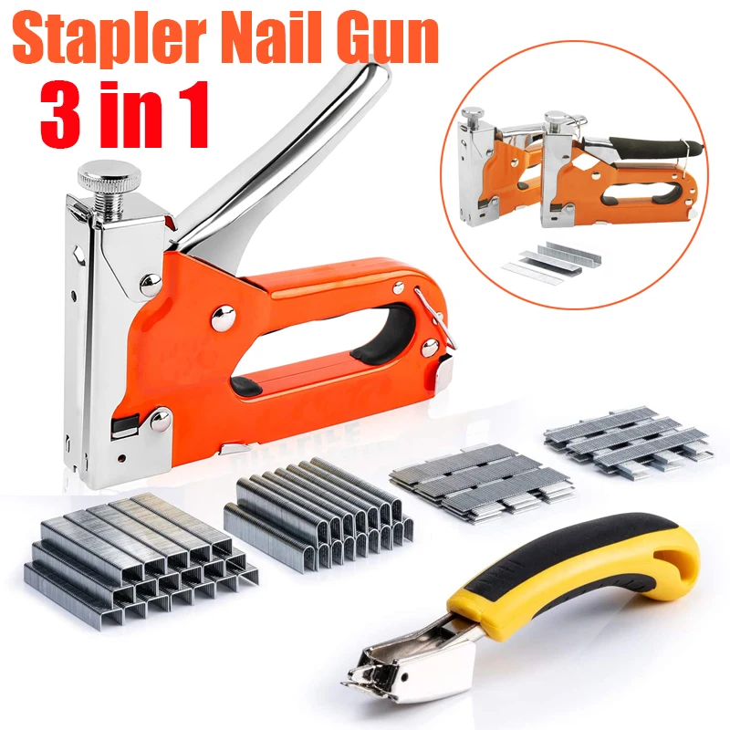 3 in 1 Stapler Gun with 600 Staples, Manual Brad Nailer Power Adjustment Stapler Gun for Wood, Crafts, Carpentry, Decoration DIY