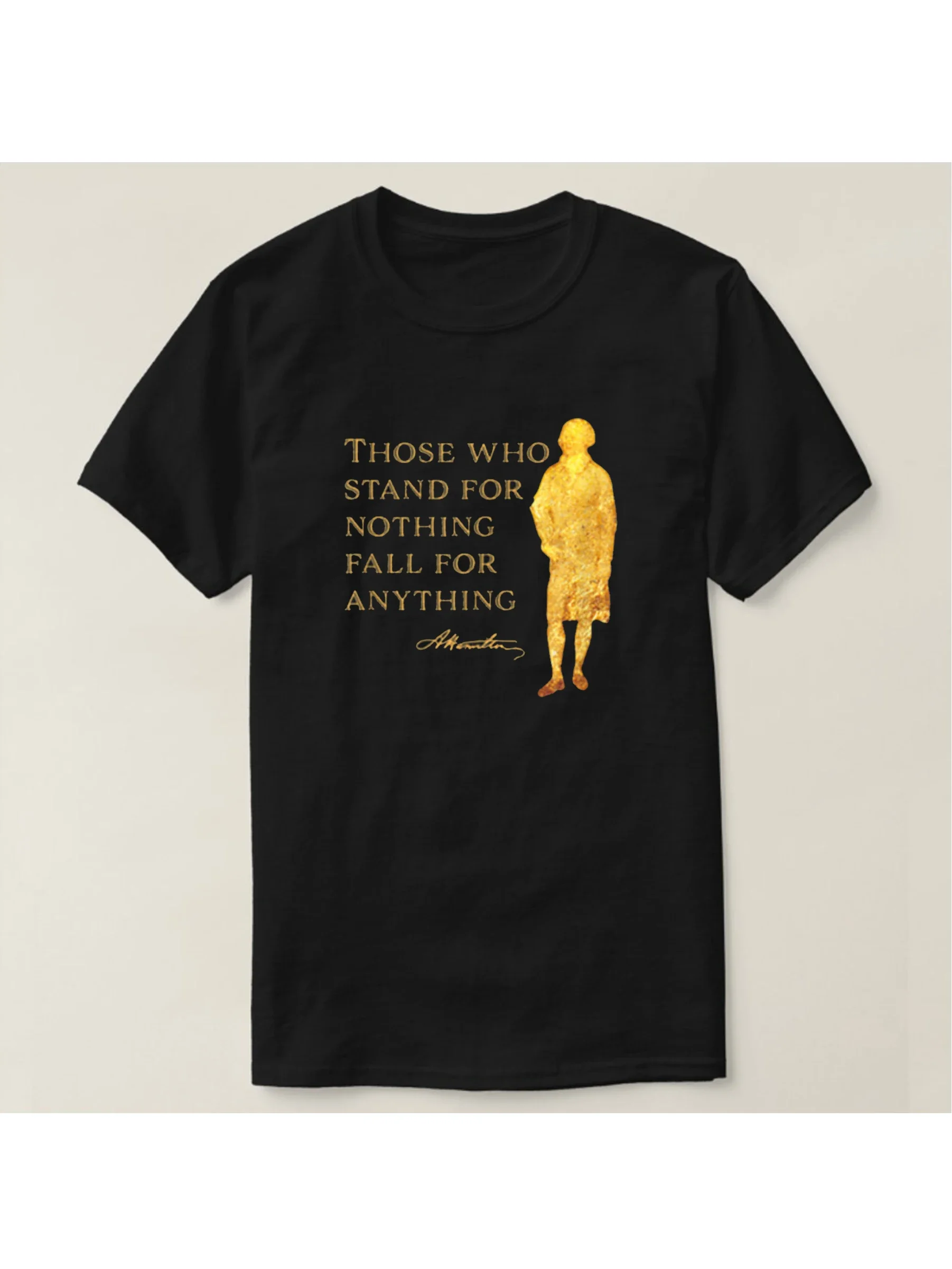 Забавная футболка с золотым силуэтом и цитатой Александра Хэмилтона. Летняя