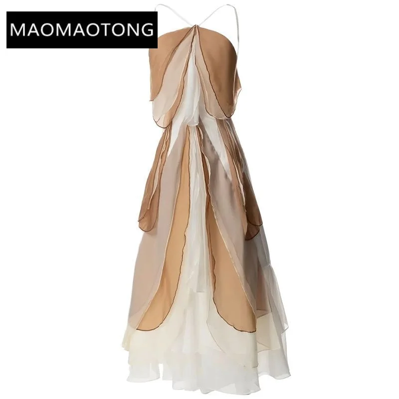 

Summer Dress Women Spaghetti Strap Sleeveless Patchwork Ruffle Vacation Backless Long Dresses For Women 2023 Runway Luxury Brand