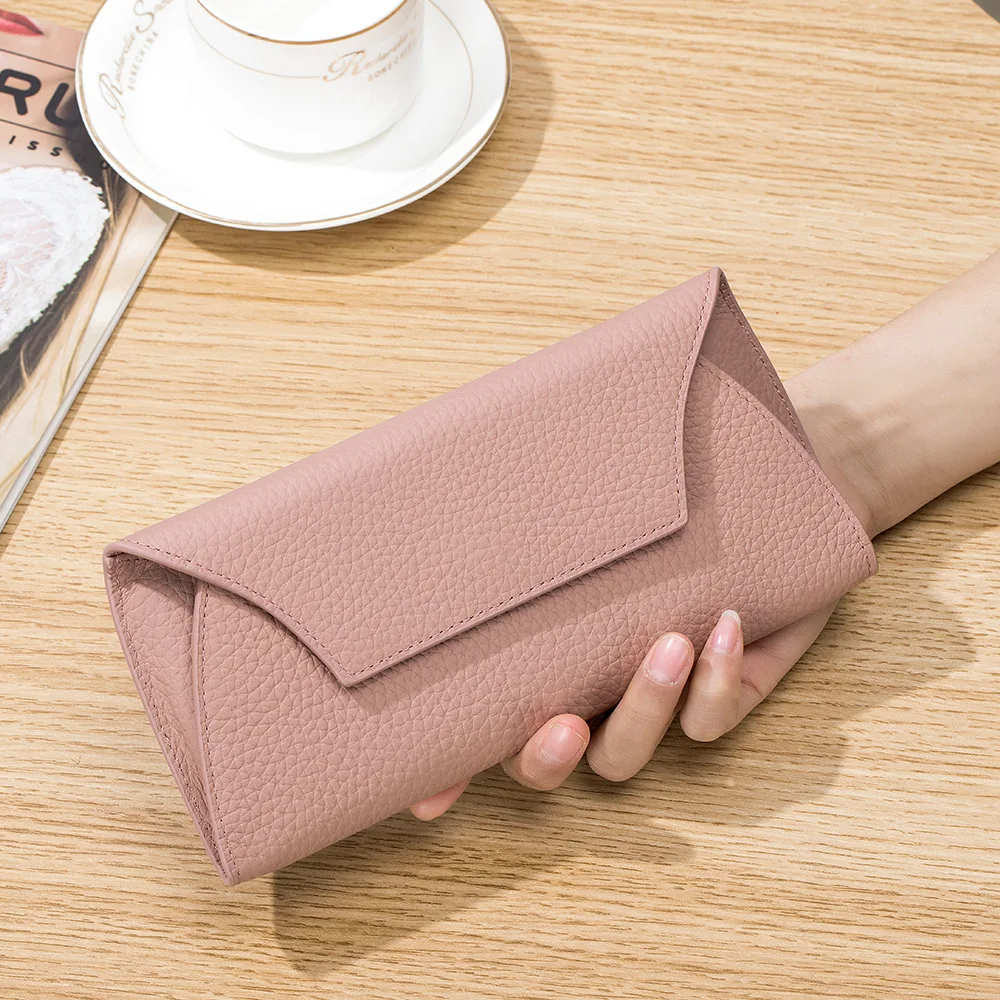 Genuine Leather Women Wallets Luxury Long Hasp Lychee Pattern Coin Purses Female Brand Solid Colors New Thin Clutch Phone Bag