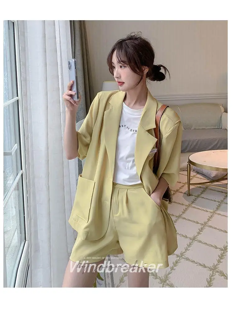 Women Short Sets New Dress Office Lady Summer Non Strech Spandex Solid Thin Korean Style Short Suits Sets Female Free Shipping