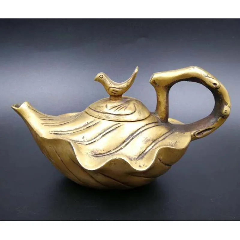 

China Collectible Pure brass Carved Bird Leaf Kettle Teapot