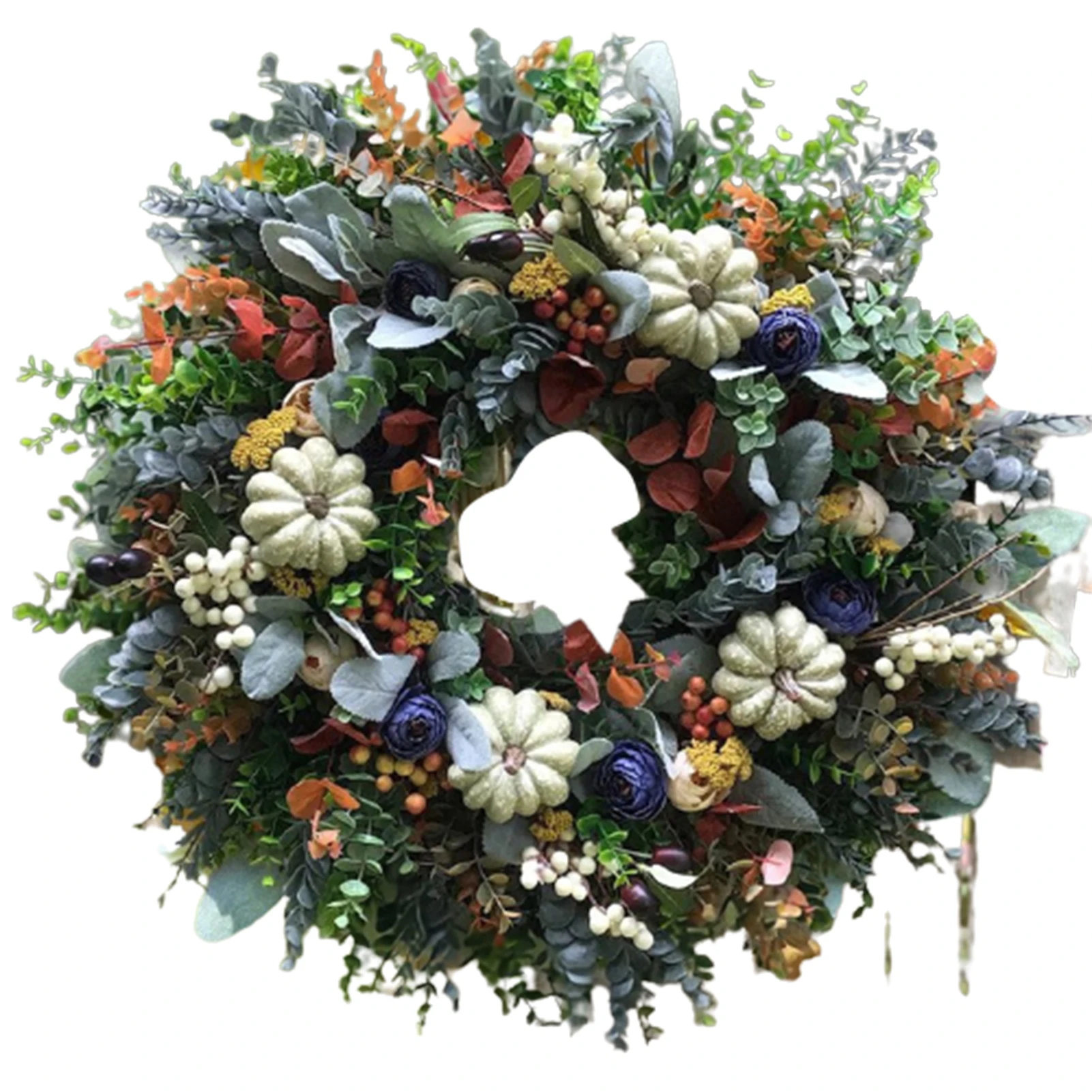 

Белый венок Ranunculus с тыквами, подвесное украшение для входной двери, украшение для дома на День Благодарения, осень
