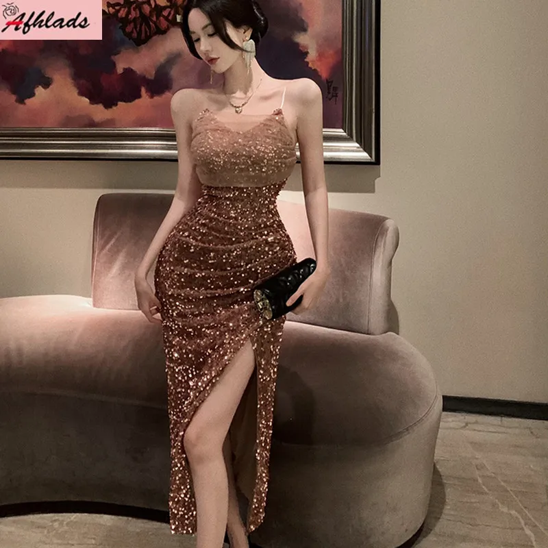 

Ladies Sequin Mesh Patchwork Slim Split Dress Summer Sleeveless High Waist Tight Sexy Night Club Slash Neck Women Bodycon Vestid