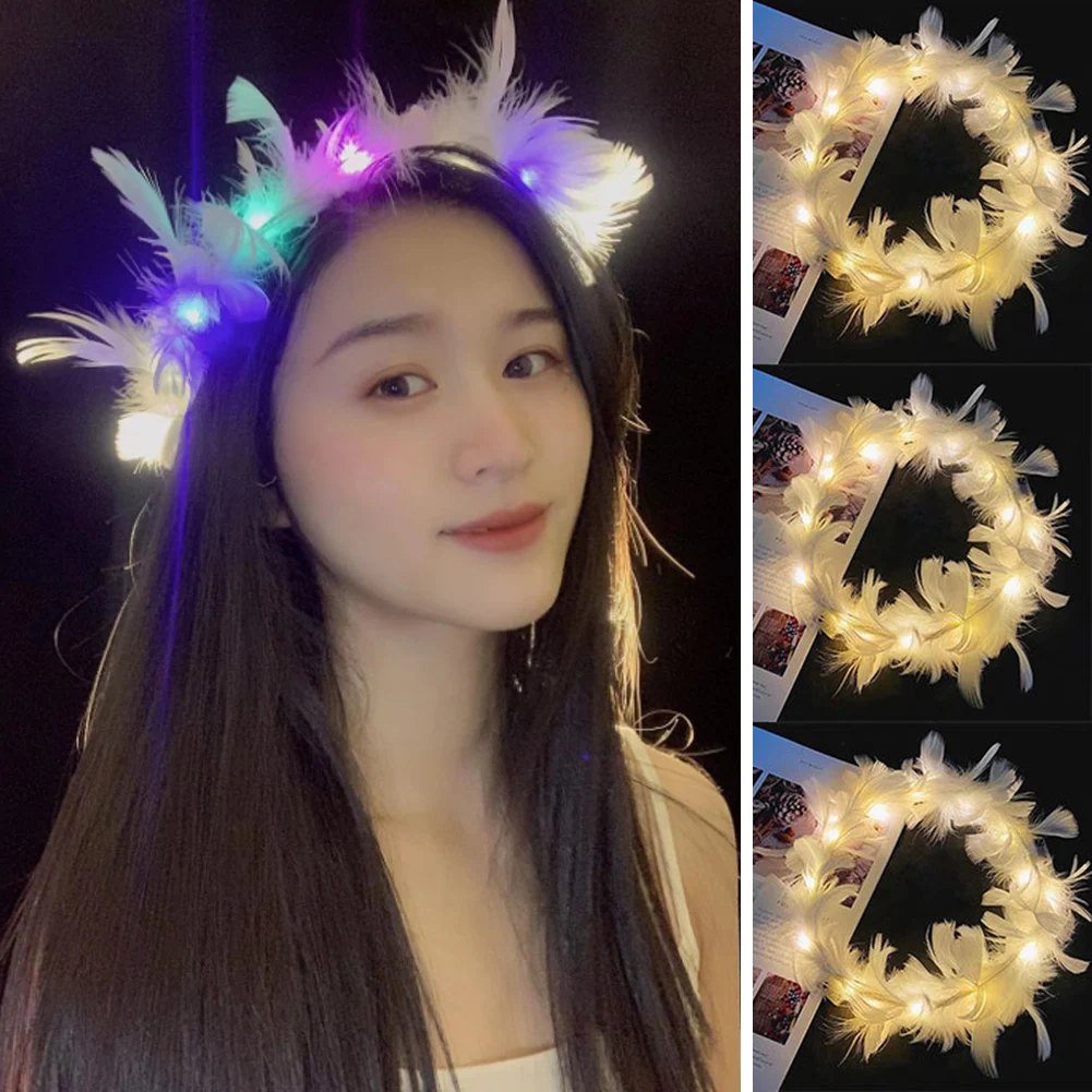 

LED Feather Wreath Crown Headband Light-Up Angel Halo Headband Women Wedding Luminous Headdress Christmas Halloween Glow Party