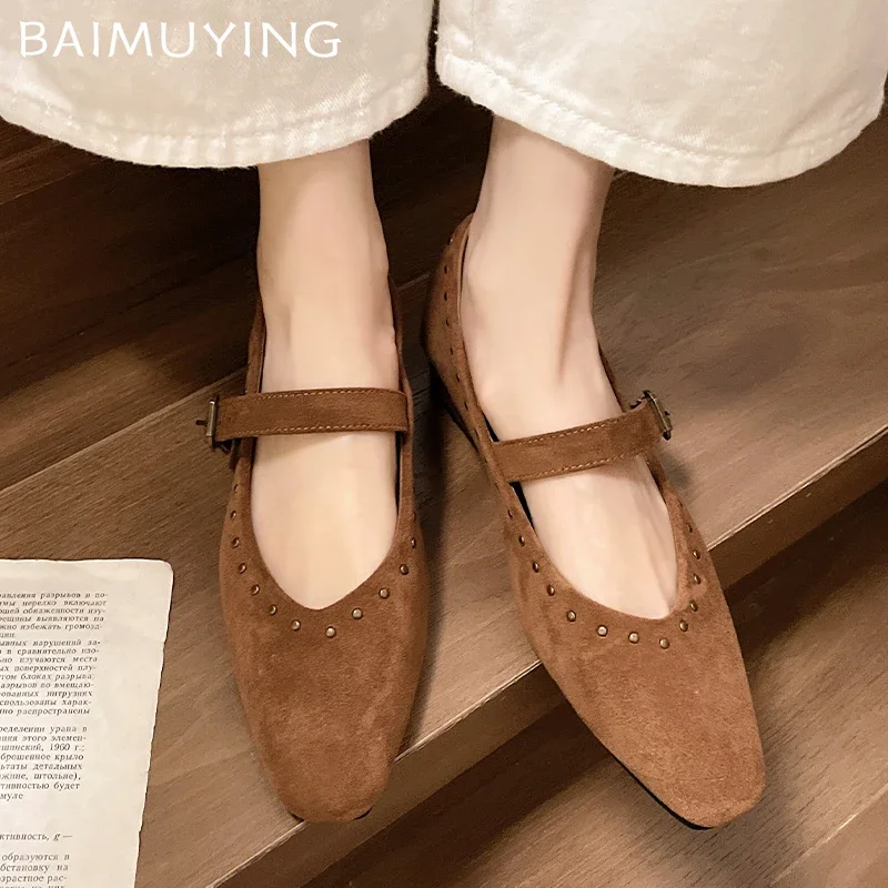 Женские туфли на среднем каблуке замшевые туфли-лодочки с квадратным носком