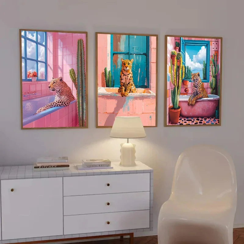 Эклектический цветной постер с животным принтом черный кот гепард в ванне