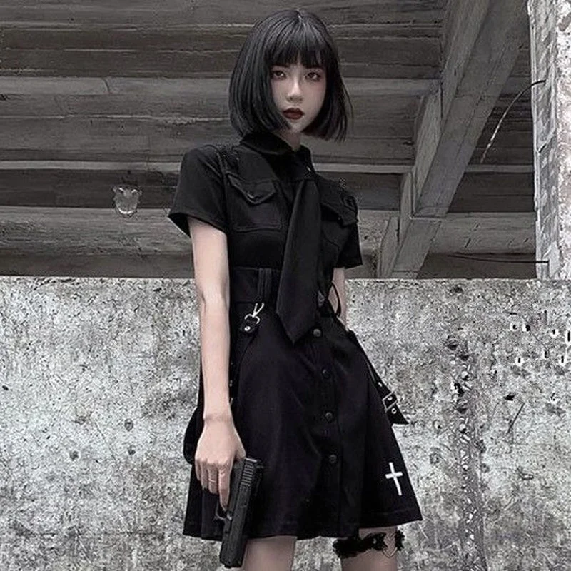 

QWEEK Goth Dress Punk Gothic Harajuku Summer Black Mini Dress Shirt Women 2021 Short Sleeve Emo Clothes Mall Goth Dark Academia