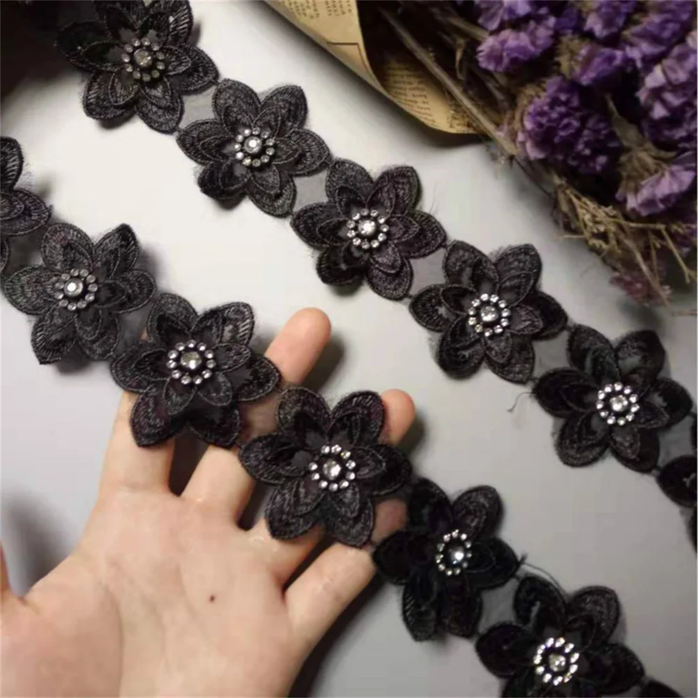 

2 yard Polyester Black 3D Flowers Embroidered African Lace Trim Ribbon Fabric Handmade Sewing Craft For Costume Decoration New