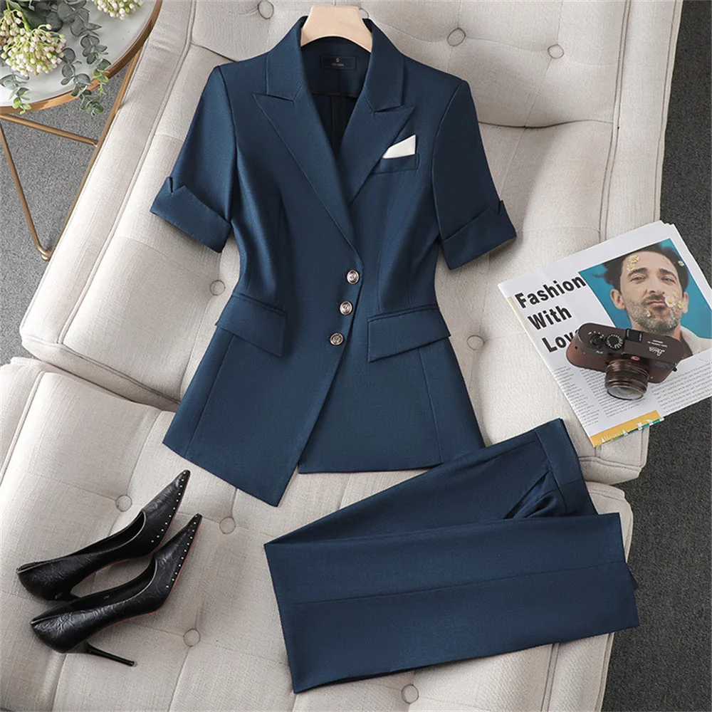 Women's Suits 2023 Summer Short Sleeve Jackets Coat + Pants Two Pieces Set Office Ladies Business Work Wear Formal Trouser Sets