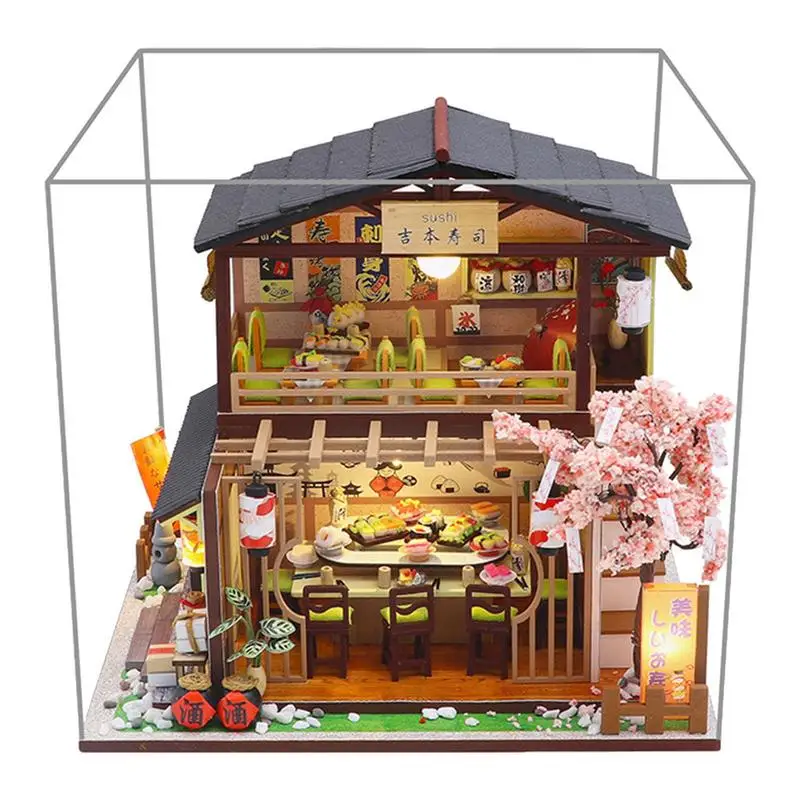 

Japanese Miniatures Dustproof DIY Mini House Japanese Sushi Shop Wooden Dollhouse For Teen With Hand-controlled Battery Box