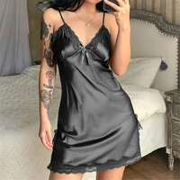 2022 summer women sexy satin silky lace trim spaghetti strap mini dress solid color sleeveless backless dress nightclub homewear