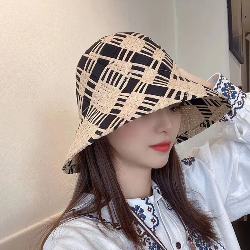 

Summer Sun Beach Raffia Stitching Sun Hat Bucket Hat Gift for Valentine's Day