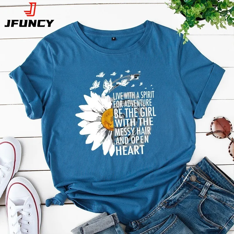 JFUNCY 2022 Summer Women T-shirts Chrysanthemum Inspirational Letter Print Female Short Sleeve Cotton T Shirt Woman Tee Tops