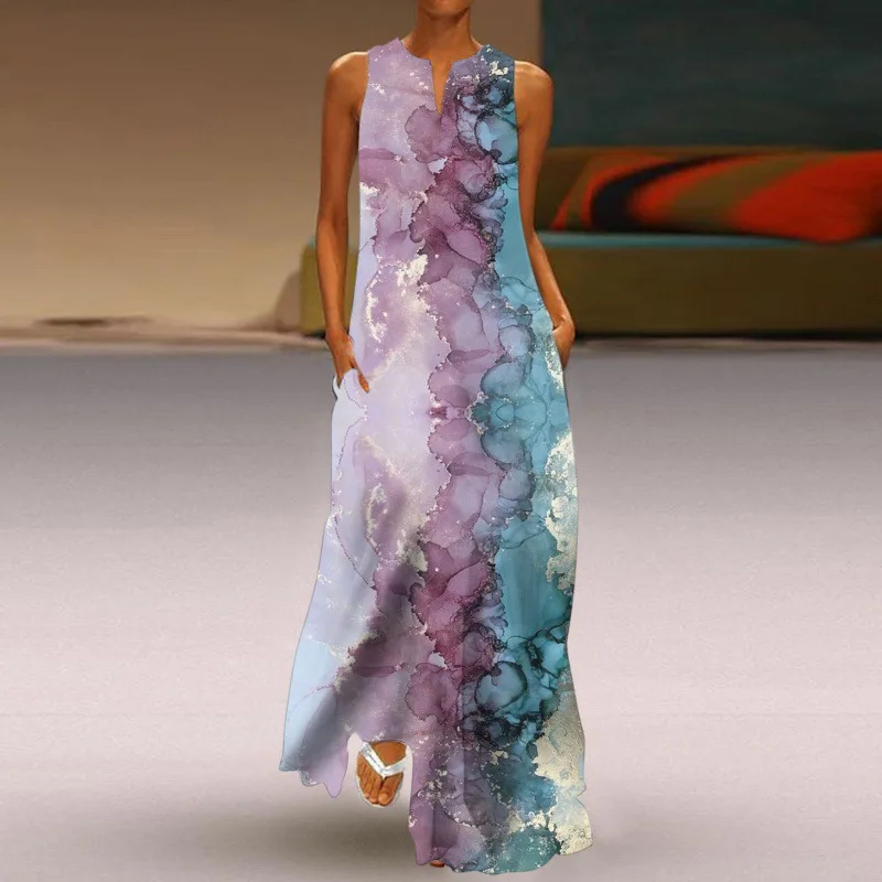 

Женское длинное платье в стиле ретро, богемное платье без рукавов с V-образным вырезом и принтом, весна-лето 2022