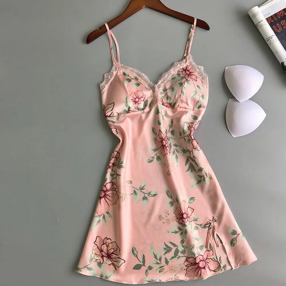

Fashion Sexy Nightdress Satin Nightgown Spaghetti Strap Night Dress Women Nighties Sleeveless Sleepwear Flower Print Nightwear