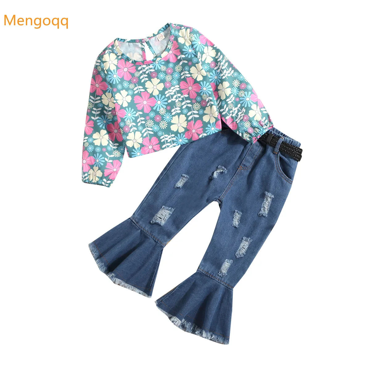 

Spring Girls Young Children Full Sleeve Flower Top T-shirts Flare Pant Denim Trousers Kids Baby Fashion Clothing Set 2pcs 18M-6Y