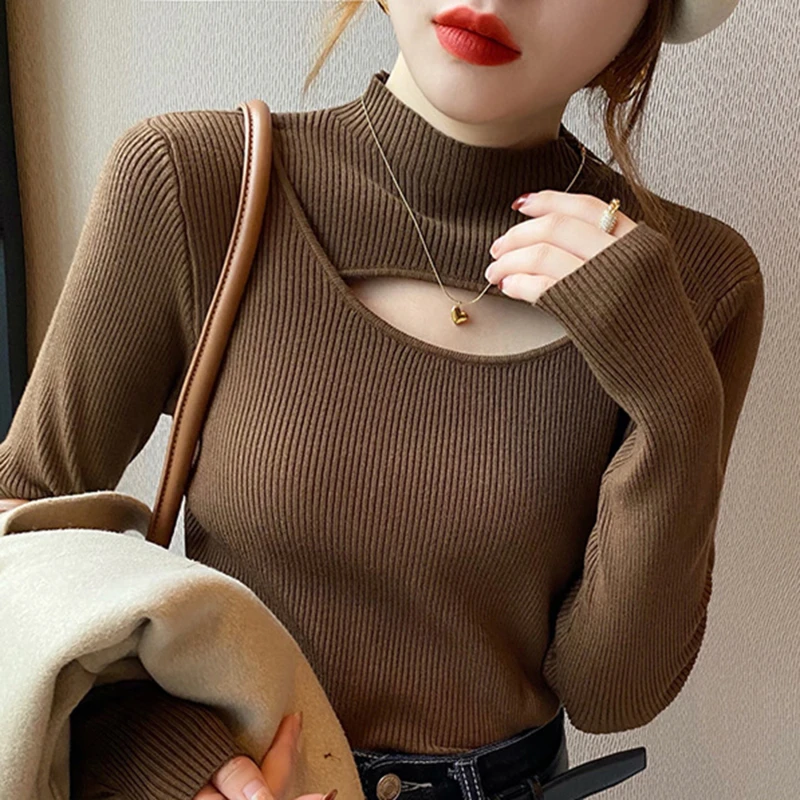 

Sexy Hollow Out Black Sweater Women 2023 Autumn Winter Clothes Slim Turtleneck Pullovers Woman Long Sleeve Korean Knitted Tops